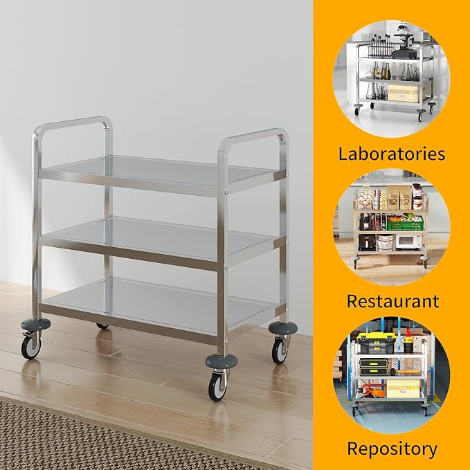 uyoyous 3 Tier Stainless Steel Utility Cart Commercial Serving cart with 360°Rotation Wheels Kitchen Island Load Up 400 lbs Stainless Steel Work Cart for Hotel Restaurant Home 30" L x 16" W x 33" H
