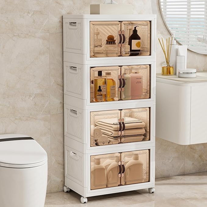 Storage Bins with Lids and Wheels, Collapsible Bathroom Storage Cabinet with Clear Doors, Plastic Stackable Closet Organizers and Storage Containers White 398 QT