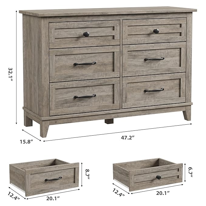 GarveeHome 6 Dresser for Bedroom, 47 in Wide Drawer Dresser with Storage Freestanding, Wooden Closet Storage Chest for Living Room, Bedroom, Entryway, Grey