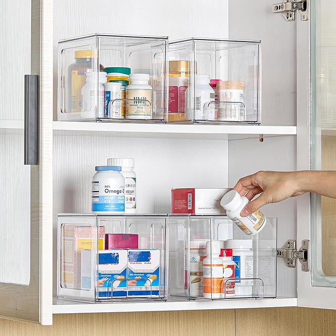 Vtopmart 6 pack Stackable Storage Drawers, 6.6''Tall Acrylic Bathroom Makeup Organizers,Clear Plastic Drawers For Vanity, Undersink, Kitchen Cabinet,Pantry Organization and Storage