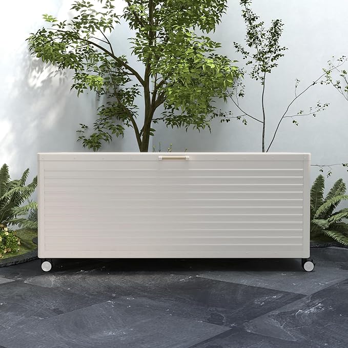 MIRADOR 281 Gallon Outdoor Storage Box Waterproof, Metal Deck Box with wheels for Patio Furniture, Garden Tools, Outdoor Cushion, Latte