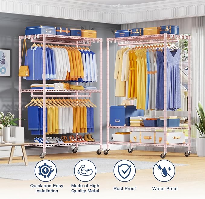 P8 Heavy Duty Clothes Rack（With Extended Width Design） Rolling Clothing Racks for Hanging Clothes，Portable Garment Rack with Lockable Wheels，51.2" W x 15.8" D x 80.5" H，Max Load 700LBS，Pink