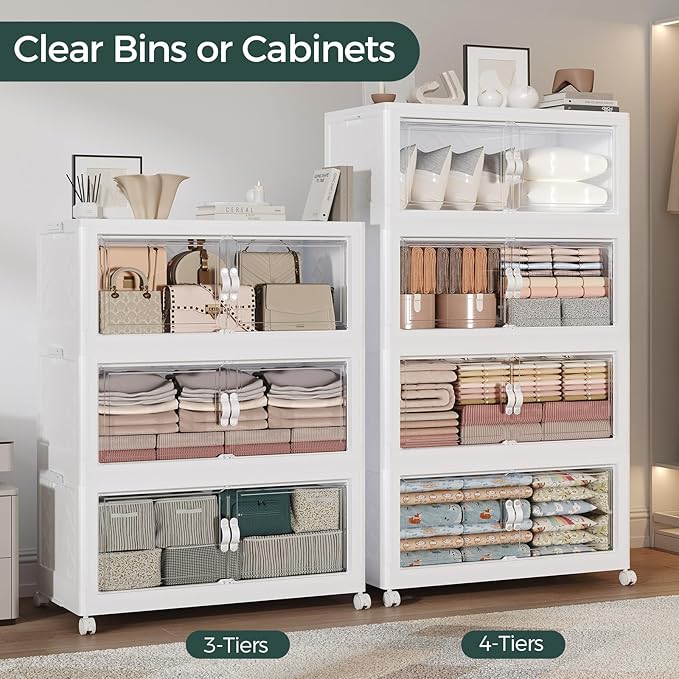 540QT Extra Large Stackable Storage Bins with Lid, 135Gal Collapsible Closet Organizer Box with Wheels, Folding Plastic Storage Cabinet with Doors for Home Kitchen Office Dorm, 3Pack White