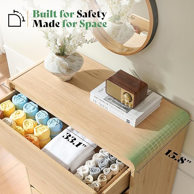 AMERLIFE 5 Drawer Dresser for Bedroom, 48" Tall Modern Chest of Storage Drawers with Rounded Corners, Anti-Tip Kit, Wood Cabinet Organizer for Closet, Apartment, Nursery, Easy Assembly, Light Oak