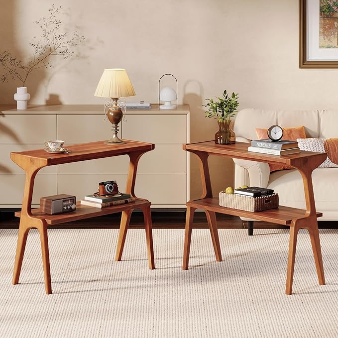 Set of 2 Solid Wood End Table, 2-Tier Side Table with Storage Shelf, Wooden Modern Accent Slim Bedside Table for Sofa, Living Room, Bedroom, Small Space, Easy Assembly, Cherry