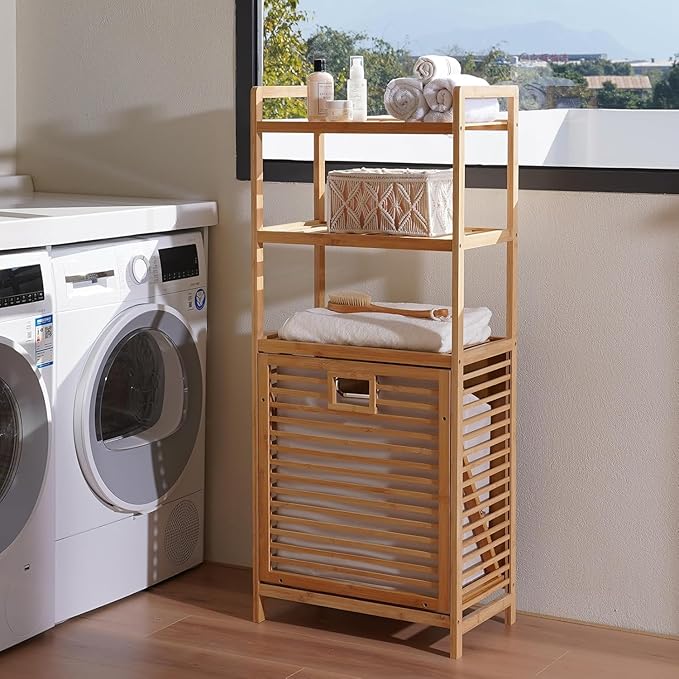 Bamboo Laundry Hamper with 3 Tier Shelves & Tilt Out Basket, Laundry Baskets Organizer Hampers Bathroom Storage Shelf for Laundry Room, Bathroom, Guest Room（3-Tier, Large）