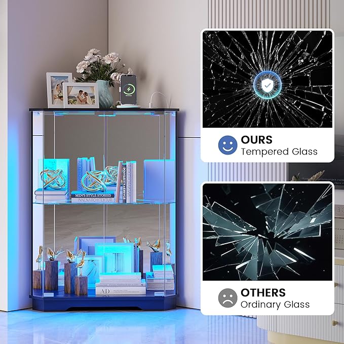Corner Display Cabinet Set of 2 with Glass Doors, Small Display Case with 3-Color LED Lights and Charging Station, 2-Tier Curio Cabinet with Storage and Shelf, Black