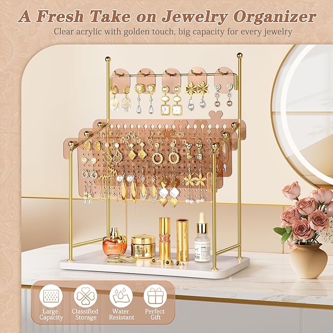 Earring Organizer, Earring Holder Display Stand with 3 Earring Storage Pegboards 568 Holes, Jewelry Organizer with Hook Rack for Stud Earrings Necklace, Acrylic Large Jewlery Hanger Towers for Women