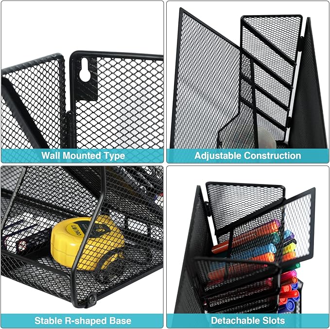 File Organizer Wall Mounted, 4 Tiers Durable Adjustable Metal Desk Organizer, Desktop Hanging File Holder with 4 Pen Slots Stable, 4 Pull-Out Divider for File, Mail, Black, Patent Pending