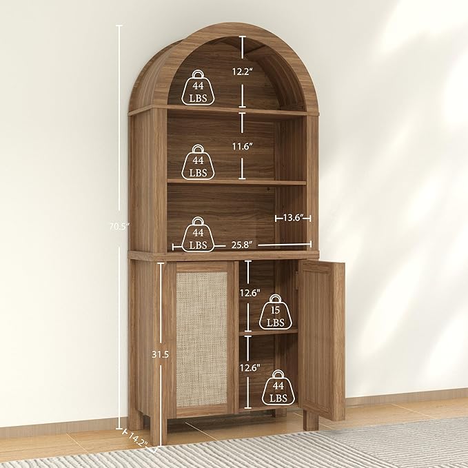 Yechen Arched Bookcase, 70.5" Tall Bookcase with Storage, Mid-Century Modern 5 Tier Bookshelves with Door, Boho Rattan Bookshelf for Living Room Kitchen Office Bedroom Library, Natural Walnut,1 PCS