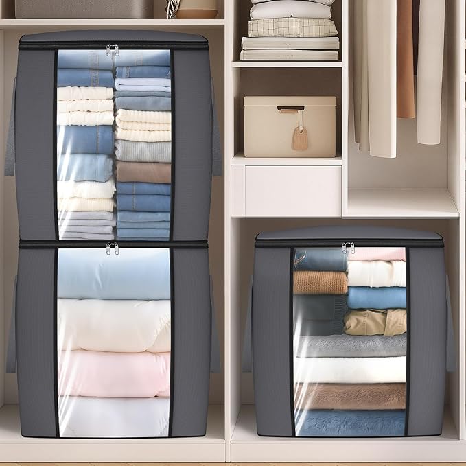 120L Extra Large Clothes Storage Bags, Foldable Blanket Storage and Organization, Thick Fabric Containers with Reinforced Handles & Zippers for Clothing, Comforters, Bedding, Gray, 4 Pack