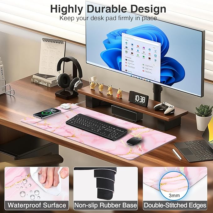 Wireless Charging Mouse Pad, 31.5"x15.8" Large Gaming Desk Mat for Keyboard/Laptop, Waterproof Ultra-Smooth Surface, Non-Slip Base, Pink Marble