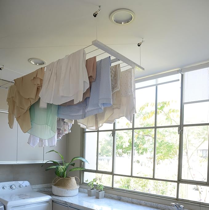 XL Ceiling Mounted Drying Rack – Heavy-Duty Pulley Clothesline for Large Loads – Rustproof Aluminum Frame (64" x 23.6")