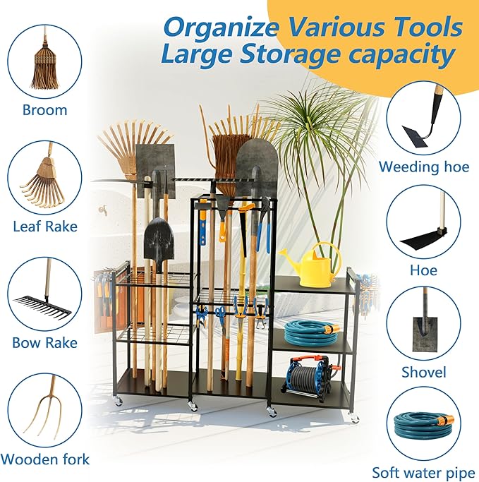 ROGMARS Garden Tool Organizer with Wheels for Garage,49" Heavy Duty 3 Tier Yard Tool Holder Storage Rack with Large Hooks for Shed/Yard/Broom/Lawn/Long-Handled Garden Cart
