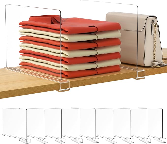 HBlife 9 Pack Clear Shelf Dividers, Vertical Purse Organizer for Closet Perfect for Sweater, Shirts, Handbags in Bedroom and Kitchen, Adjustable Acrylic Bookshelf for Organization