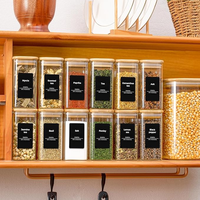 ComSaf 16Pcs Glass Spice Jars with Bamboo Lid, 10oz Airtight Square Containers with 275 Black Lables, Empty Seasoning Jars for Spice Salt Sugar