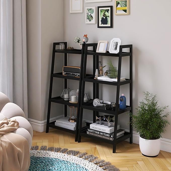 SMIBUY Bamboo Ladder Bookcase, Bathroom Storage Rack Organizer, 4 Tier and 5 Tier Freestanding Plant Display Stand Space Saver Shelves for Bedroom, Kitchen, Balcony (Black, 4 Tiers (39" H))