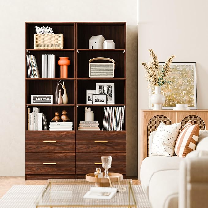 Cozy Castle 74.1'' Bookshelf,Tall Bookcase with Drawers, 4-Tier Open Bookshelf with Adjustable Storage Shelves,23.6 Inches Wide Floor Standing Bookcase for Home Office,Bedroom,Living Room,Brown