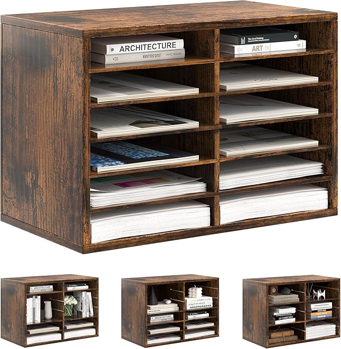 Literature Organizer 12 Slots Wooden Mailboxes for Classroom Office Mail Organizer Countertop Vertical File Sorter with Adjustable Shelves Heavy Duty Office Mailbox Cubbies, Rustic Brown