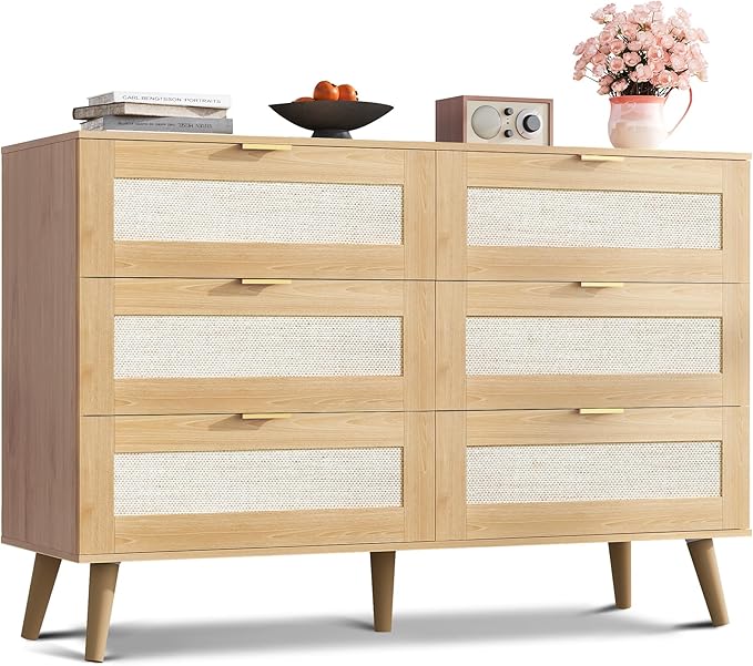 WLIVE Rattan Dresser for Bedroom, 6 Drawer 47.24'' Wide Boho Wood Dresser, Chest of Drawers, Gold Metal Handle, TV Stand for 55 inch TV, Storage Cabinet for Living Room, Hallway, Light Oak