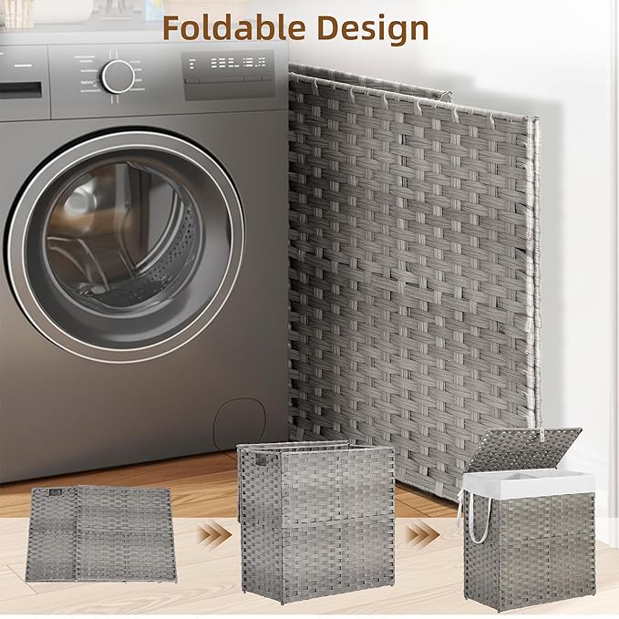 Woven Laundry Basket with Lid, Large Hamper with Removable and Machine-Washable Liner, Foldable Rattan Clothes Hamper, Sturdy Steel Frame, Odor Control, 110L Capacity, Dove Gray