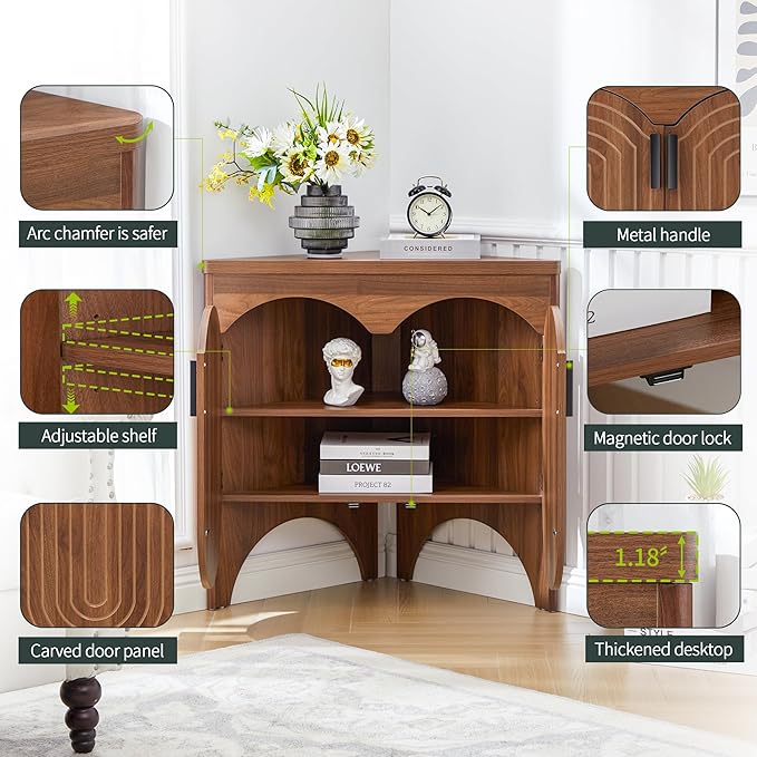 Small Corner Storage Cabinet, Mid Century Modern Floor Corner Cabinet with Curved Doors and Adjustable Shelves，Freestanding Narrow Storage Organizer for Bathroom, Living Room, Entryway(Walnut)