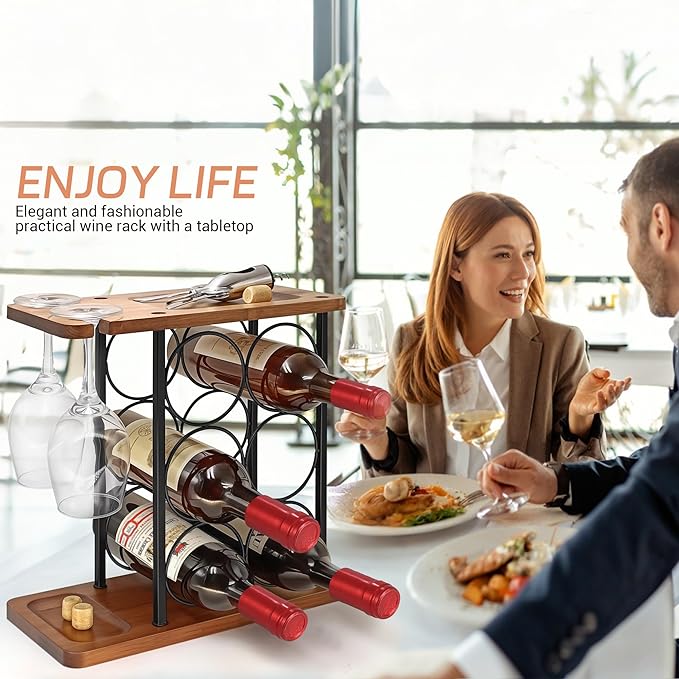 Wooden Wine Racks Countertop with Tray, Wine Bottle Holder for 6 Bottles & 2 Glasses, Perfect for Kitchen, Bar, Table, Cabinet, Wine Cellar