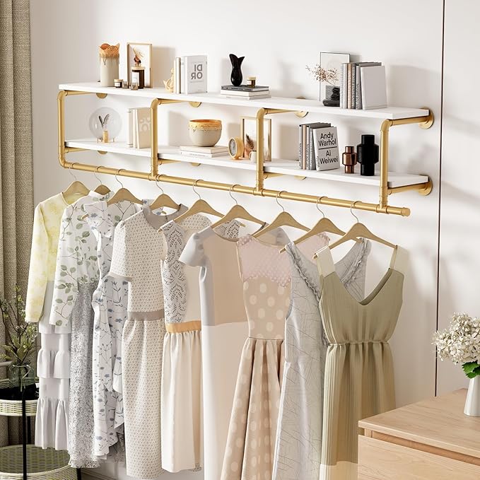 ORSENIGO Industrial Pipe Clothing Rack with Shelves, Gold Wall Mounted Clothes Rack for Home Retail