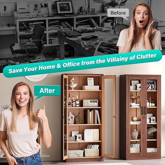 Metal Storage Cabinet with Lock and Glass Doors,Glass Display Cabinet,Tall Storage Cabinets,Locking Curio Cabinets with 5 Shelves for Collectibles,Home,Office,Living Room