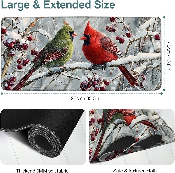 Winter Cardinal Bird Gaming Mouse Pad 35.4"x15.7"Desk Mat Anti-Slip Rubber Base & Durable Stitched Edges for Gamers Smooth Mouse Writing Surface for Desk Office/Home