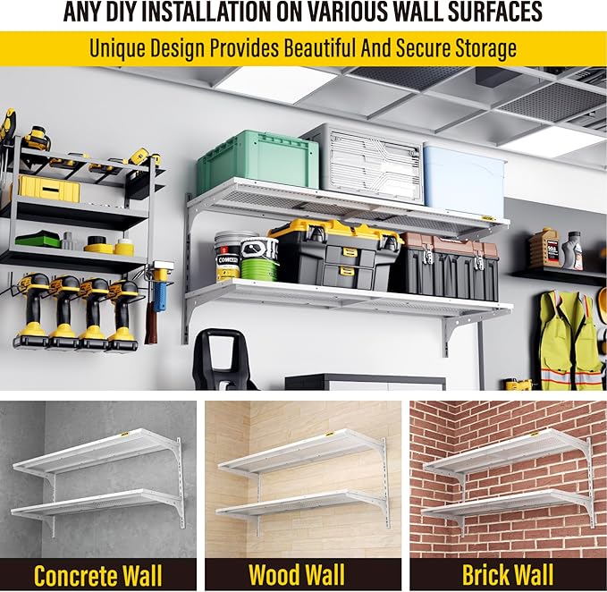 1pack×2 Tier 1.3x4ft Garage Shelving Wall Mounted, 260lbs Load Capacity，15.6x48inch per Shelf Height Cassette Adjustable Floating Shelves(White)