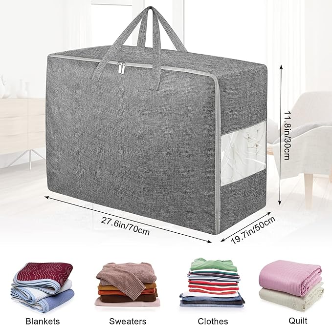 8Pack 105L Extra Large Storage Bags, Folding Moving Comforter Blanket Storage Bags Closet Organizers and Storage Containers for Clothes with Strong Handles&Zippers Clear Window for Bedding Pillow Grey