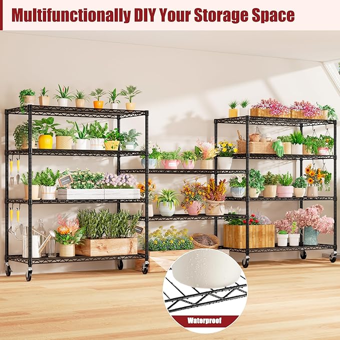 PrimeZone 4 Packs 48" W x 24" D x 81" H Heavy Duty Wire Storage Shelves with Wheels, 5 Tier Adjustable NSF Certified Garage Shelving Unit, Rolling Metal Organizer Shelf Rack for Warehouse, Pantry
