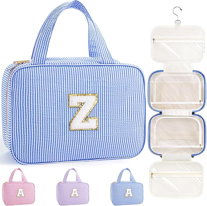 TOPEAST Hanging Toiletry Bag for Women - Travel Toiletry Bag Makeup Bag, Portable Toiletries Cosmetic Bag, Airplane Travel Essentials - Letter Z, Blue