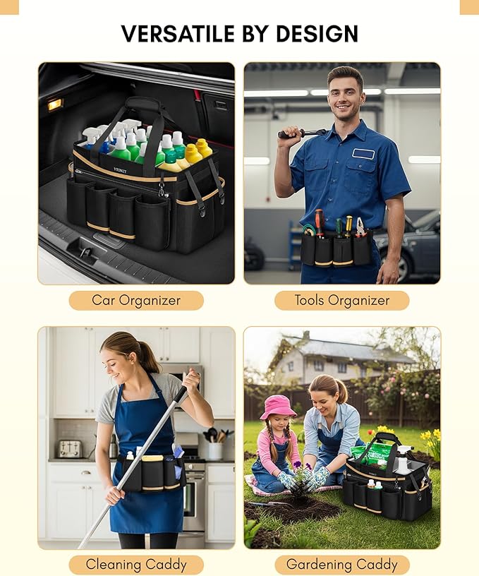 Ytonet Cleaning Caddy Bag with Detachable Apron, Extra Large Cleaning Supplies Organizer with Foldable Dividers, Portable Cleaner Tote with Handle, Cleaner Caddy for Housekeeper, Black