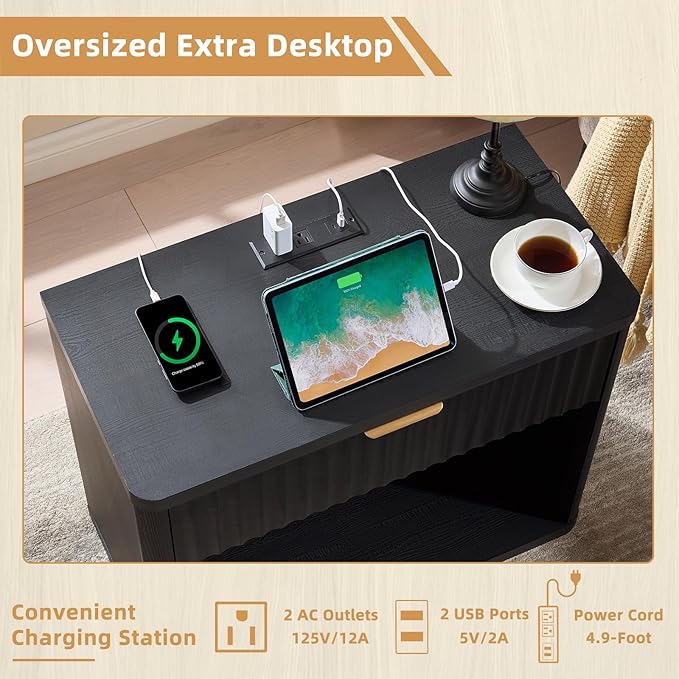 LEYAOYAO 31" Wide Fluted Nightstand with Charging Station, Oversized Extra Large 1 Drawer Night Stand with Golden Handle, Black Wood Bedside Table Tall End Tables,for Bedroom, Living Room, Hallway