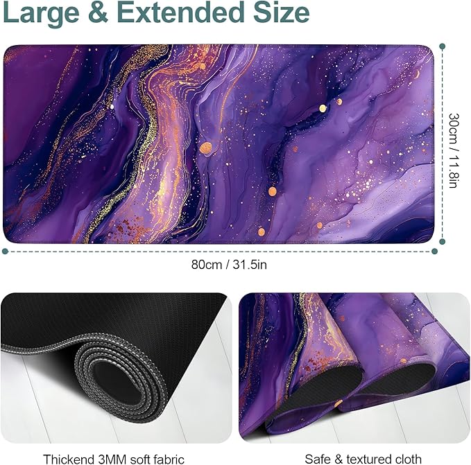 Purple Gaming Mouse Pad 31.5"x11.8"Desk Mat Anti-Slip Rubber Base & Durable Stitched Edges for Gamers Smooth Mouse Writing Surface for Desk Office/Home