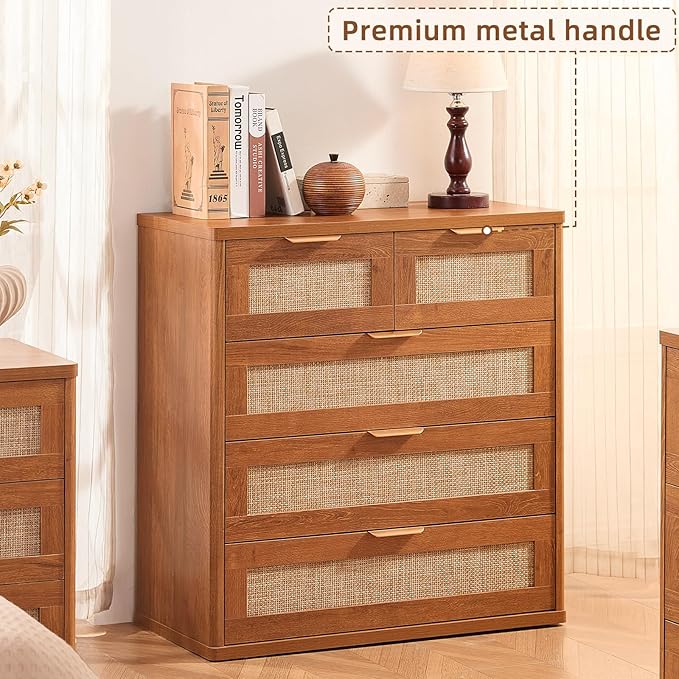 LEYAOYAO Rattan Dresser for Bedroom Set of 2, 33.5" Tall Chest of Drawers, Modern 5 Drawers Boho Dressers with Storage, Vintage Brown Dresser Wooden Closet Organizer for Living Room, Hallway