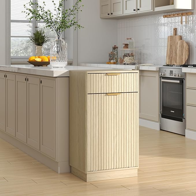 Tilt-Out Trash Cabinet with 10-Gallon Capacity, Walnut Laundry Hamper Cabinet, 34.3 x 19 x 13.8 inches, Wave-Textured Front.