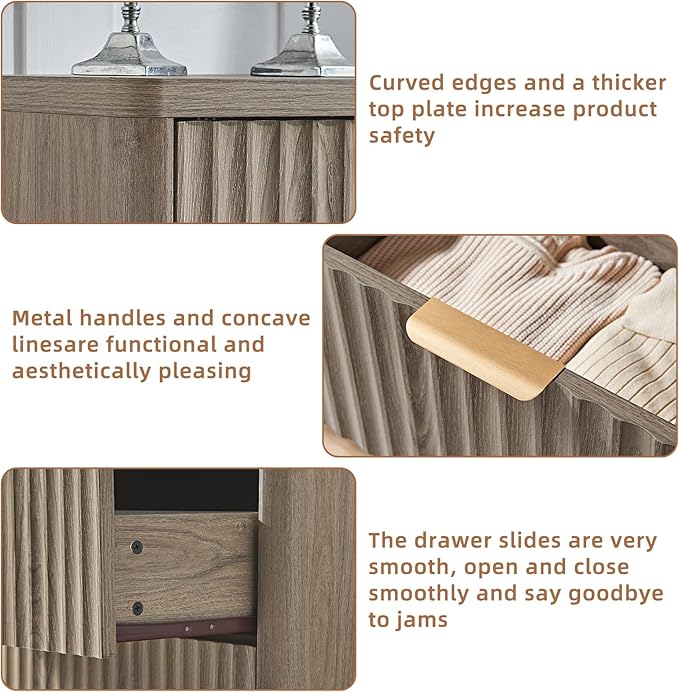 LEYAOYAO Fluted 6 Drawers Dresser, 48" Wide Modern Chest of Drawers with Wood Grain Top, Curved Profile Design, Dresser TV Stand, Wood Drawer Organizer for Bedroom, Living Room, Hallway,Grey