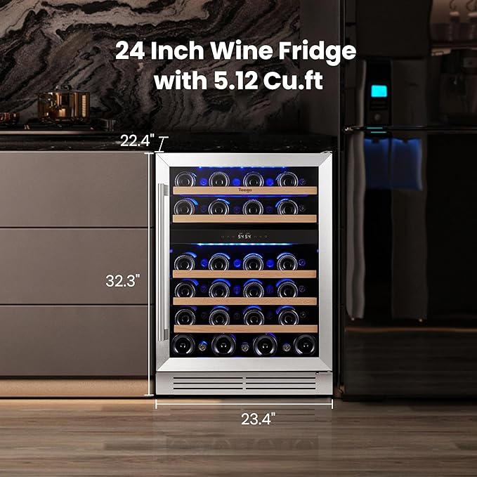 Yeego Wine Fridge Cooler - 24 Inch Dual Zone Wine Fridge Hold 47 Bottles, 40-65°F Wine Refrigerator Glass Door, Built in, Freestanding Under Counter Fridge for Beer Soda Drink Home Bar Office