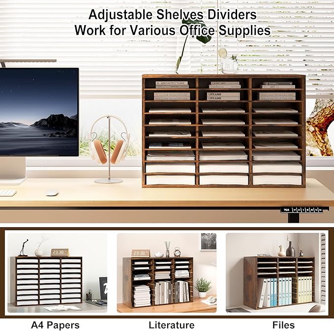 Literature Organizer 27 Slots Wooden Mailboxes for Classroom Office Mail Organizer Countertop Vertical File Sorter with Adjustable Shelves Heavy Duty Office Mailbox Cubbies, Rustic Brown