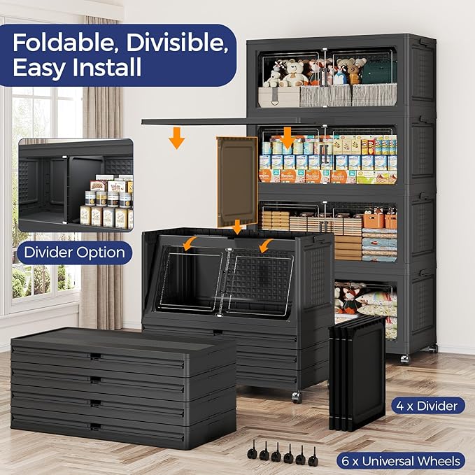 150GAL Extra Large Storage Bins with Lid, 600Qt Stackable Closet Organizers and Drawers, Collapsible Storage Bins with Wheels, Folding Containers for Home, Kitchen Office, 3Pack Black