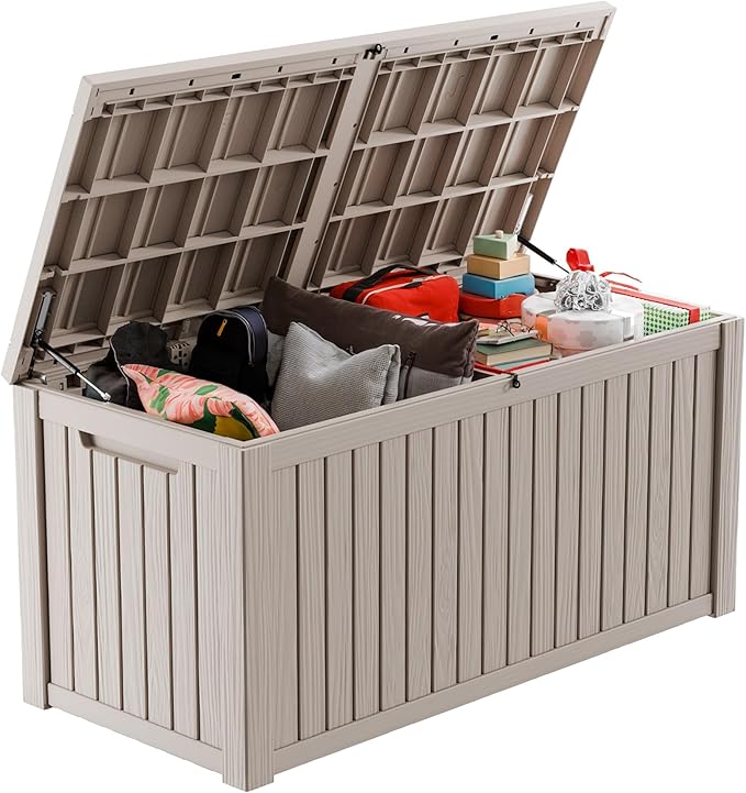 200 Gallon Large Deck Box,Resin Outdoor Storage Box with Lockable for Patio Furniture, Garden Tools Waterproof Outside Storage Box, (Grey)
