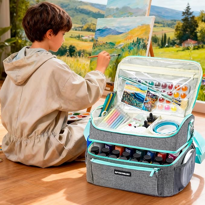 Acrylic Paint Organizer Bag with Washable Roll-Up Brush Holder, 2-Layer Art Supply Case, Large Craft Organizer with Foam Inserts for Apple Barrel, Shuttle Art, Caliart Art Supplies Storage Bag