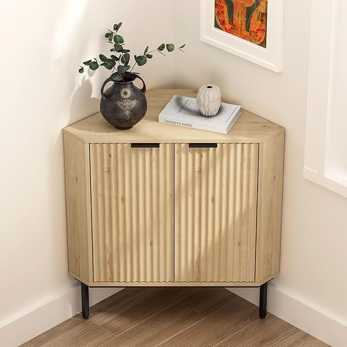 Fluted Corner Cabinet, Modern Small Corner Floor Cabinet with 2 Doors and 2-Tier Shelves, Freestanding Narrow Organizer for Living Room Kitchen Bathroom, Light Oak