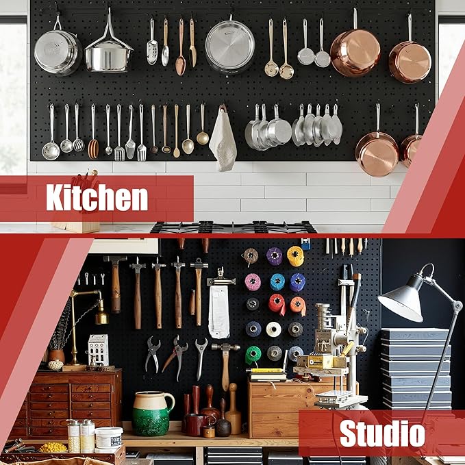 4 Pack Metal Pegboard Panels with 50 Hooks, Black Pegboard Wall Organizer, Pegboard Accessories, Heavy Duty Garage Tool Storage System for Workbench, Workshop, Office, Craft Room