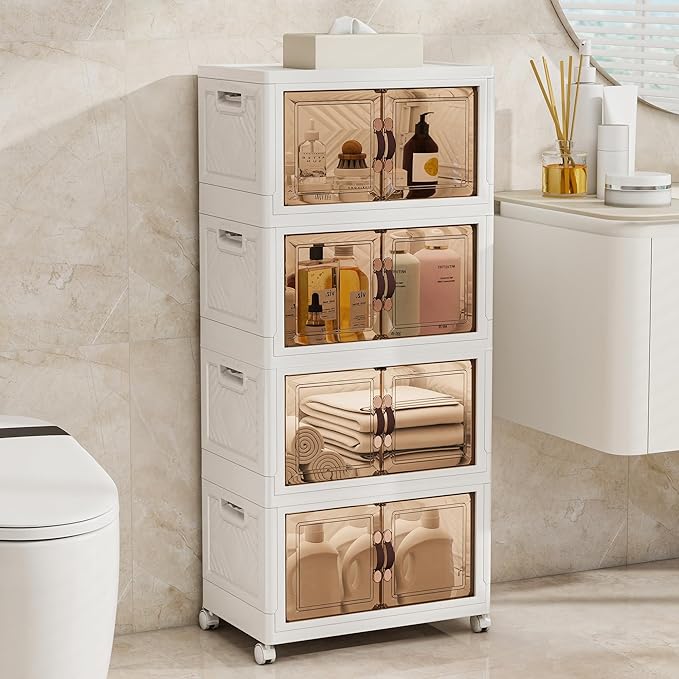 Storage Bins with 2 Lids and Wheels, Collapsible Bathroom Storage Cabinet with Clear Doors, Plastic Stackable Closet Organizers and Storage Containers White 270 QT
