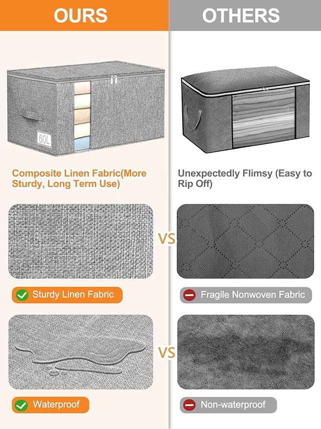 60L Blanket Storage, Comforter Storage Bag With Rigid Side & Bottom Support, Stackable Clothes Storage Bin For King Size Comforters Sweater Bedding Quilt Pillow Closet Organizer,21.7x14.2x11.8in,2Pcs