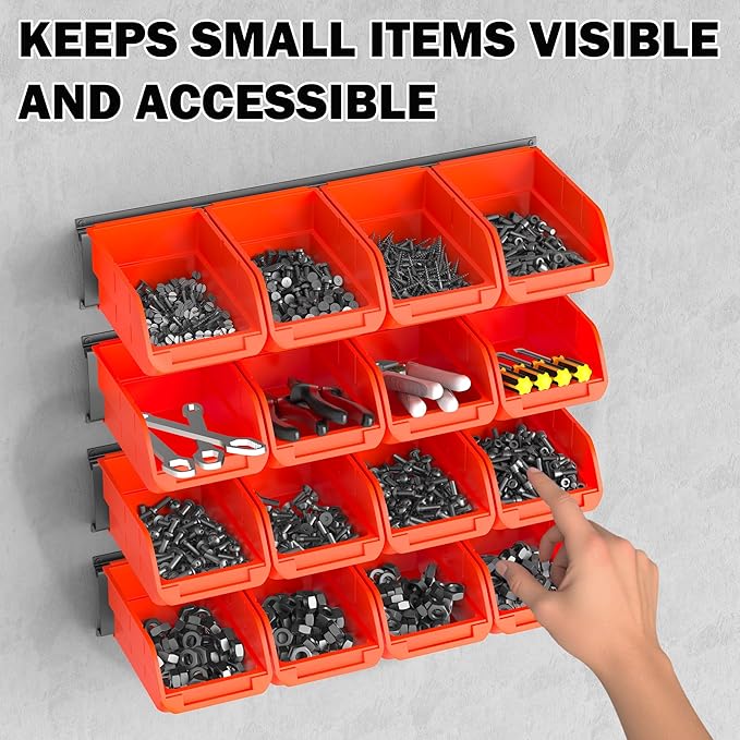 Ultrawall Wall Mounted Storage Bins, Plastic Hanging Storage Organizer Bins, Garage Tool Storage System for Screws, Nuts, Bolts, Nails, and Small Hardware Parts, 16x bins & 4 x rails, Orange